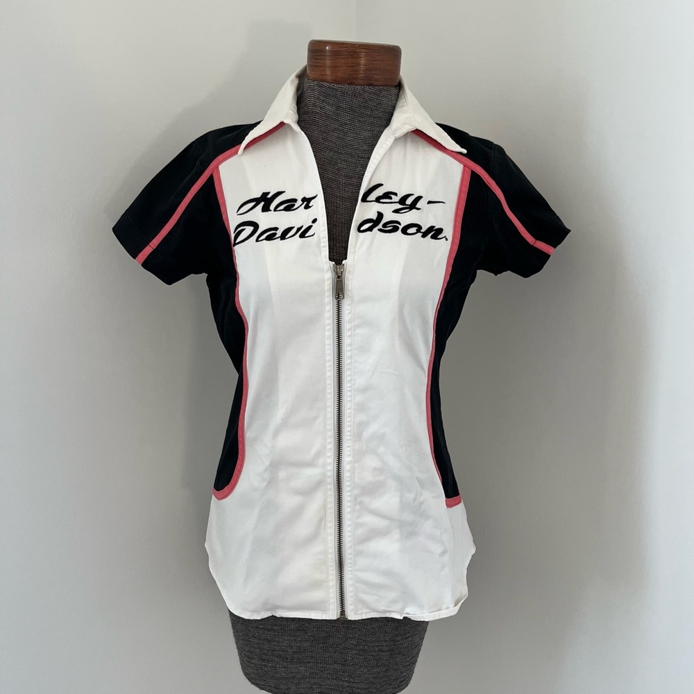 Harley-Davidson Y2K Zip Front Moto Top XS | Pink Trim Fitted Biker Shirt